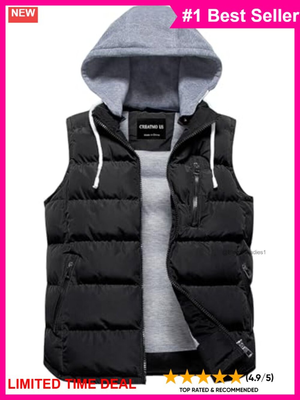 CREATMO US Women's Warm Puffer Vest Sleeveless with Detachable Hood